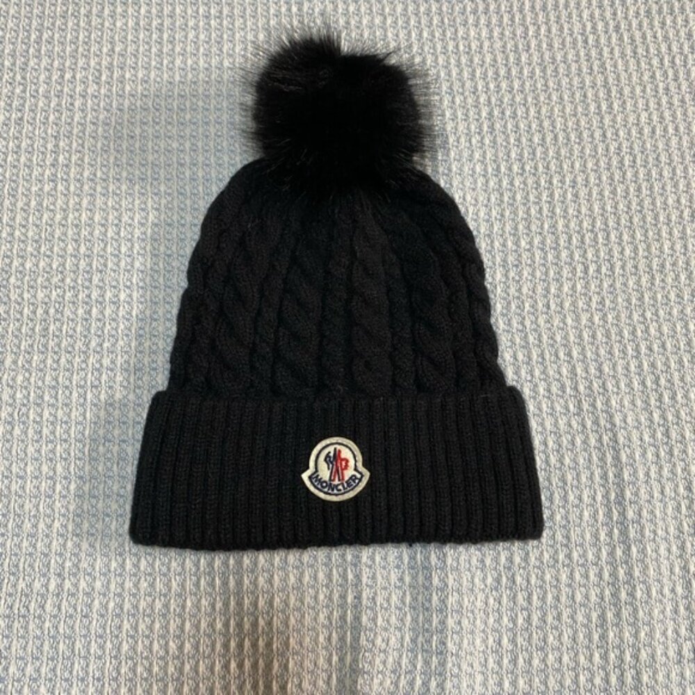 Moncler Black Cable Knit Beanie with Pom Pom